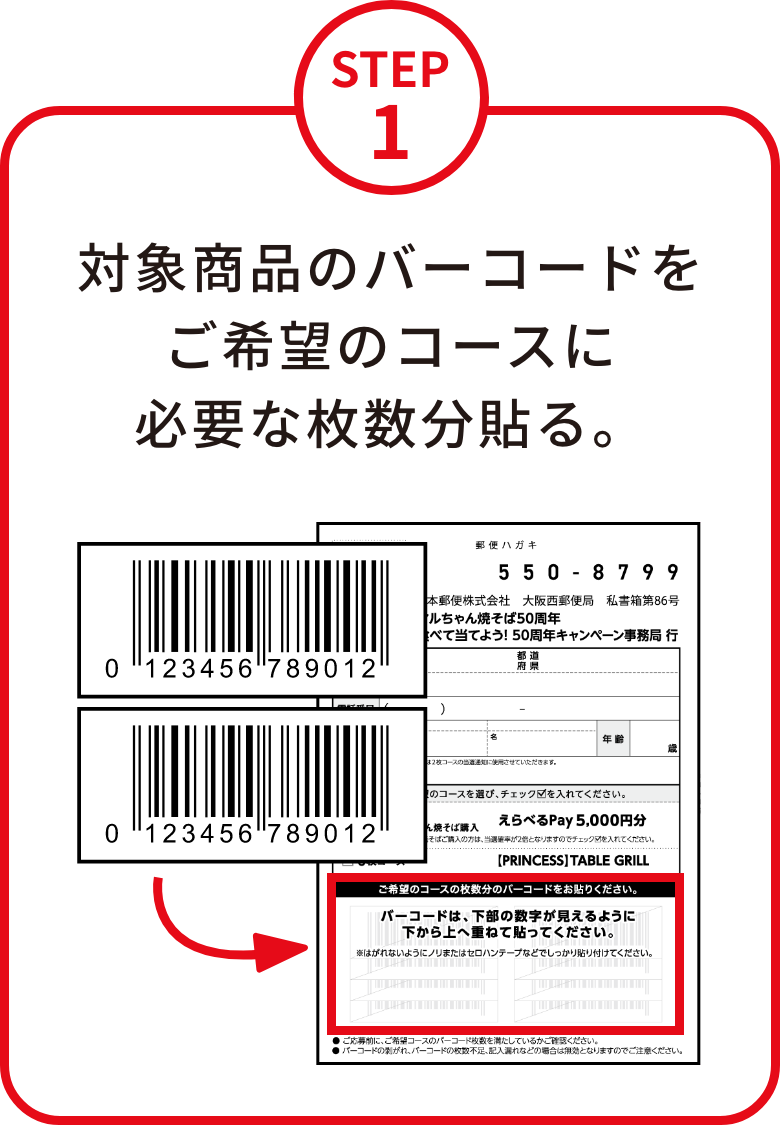 STEP1 対象商品のバーコードをご希望のコースに必要な枚数分貼る。